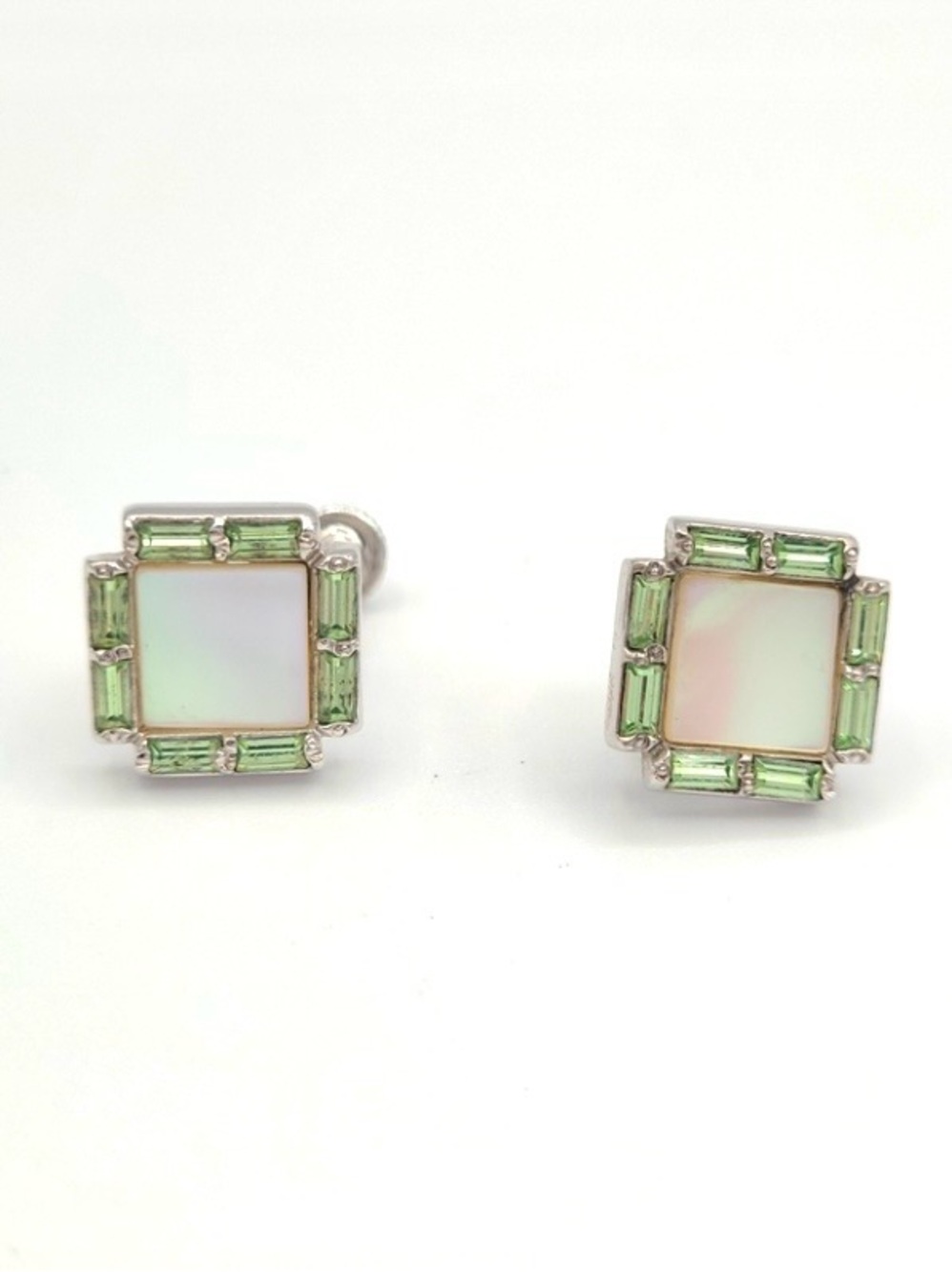 Vintage Keyes Mother of Pearl Green Crystal Screw Back Earrings